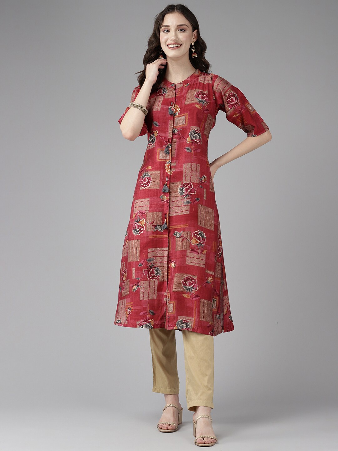 

BAESD Abstract Printed Mandarin Collar Flared Cotton Anarkali Kurta, Red