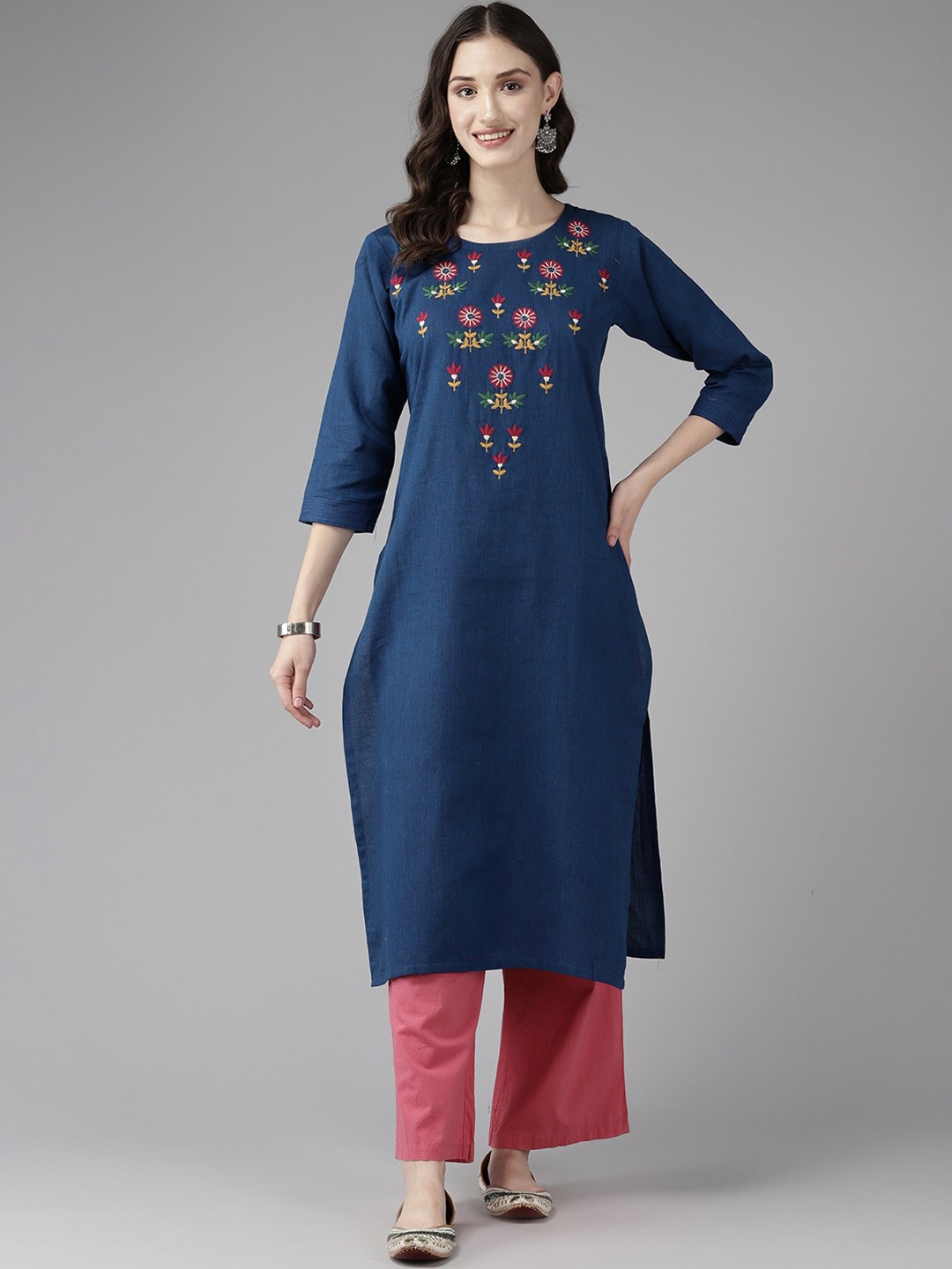 

BAESD Yoke Design Embroidery Cotton Straight Kurta, Blue