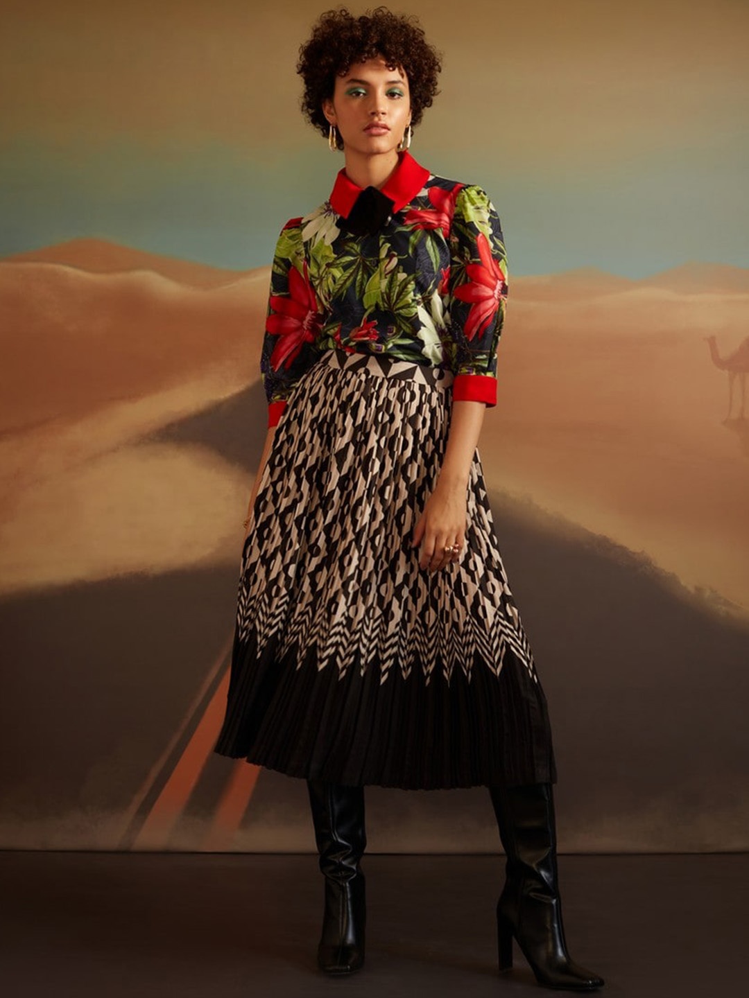 

VERB BY PALLAVI SINGHEE Geometric Printed Gathered Midi Flared Skirt, Beige