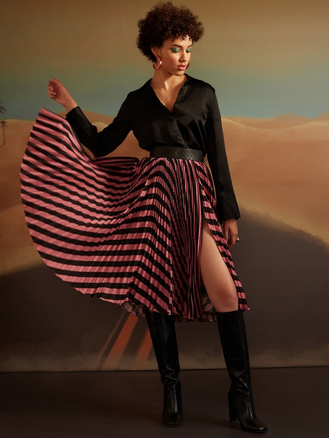 

VERB BY PALLAVI SINGHEE Striped Midi Flared Skirts, Pink