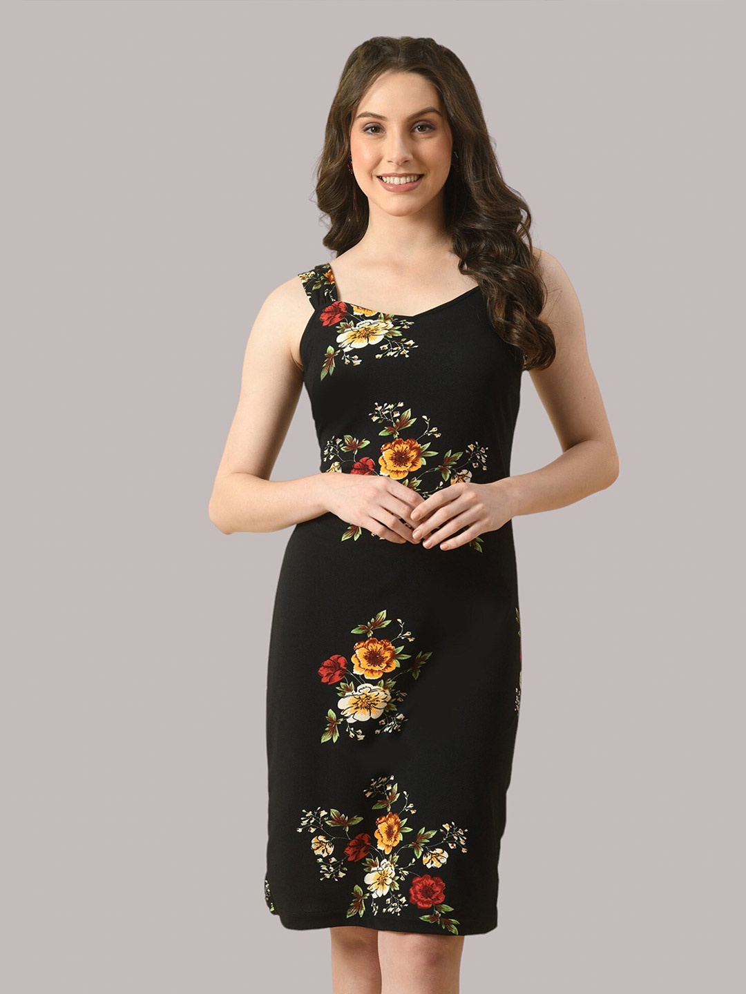 

Moshe Floral Printed Shoulder Straps Sheath Dress, Black