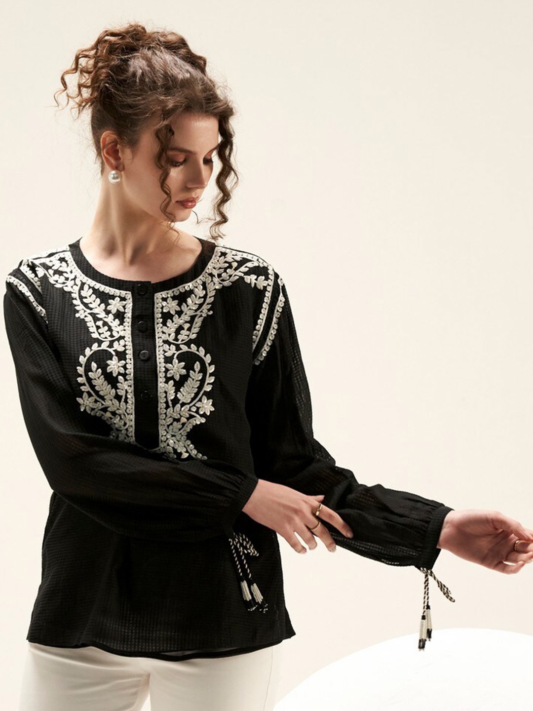 

VERB BY PALLAVI SINGHEE Embroidered Shirt Style Cotton Top, Black