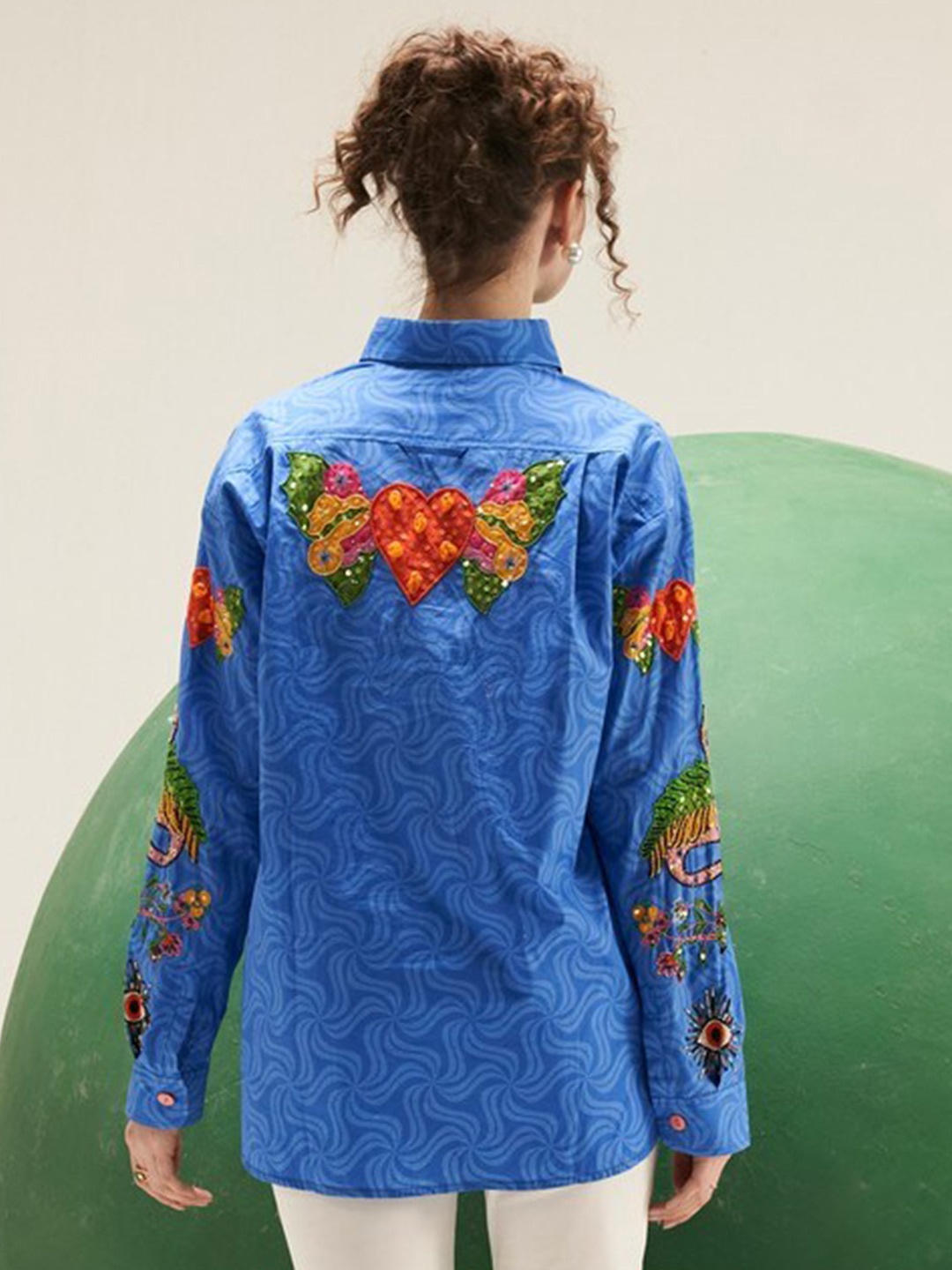 

VERB BY PALLAVI SINGHEE Aerin Abstract Print Applique Oversized Cotton Casual Shirt, Blue