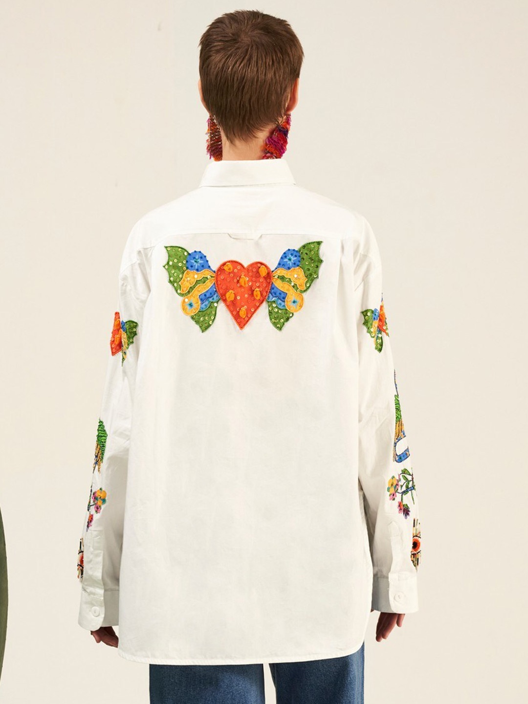 

VERB BY PALLAVI SINGHEE Camilia Applique Oversized Cotton Casual Shirt, White