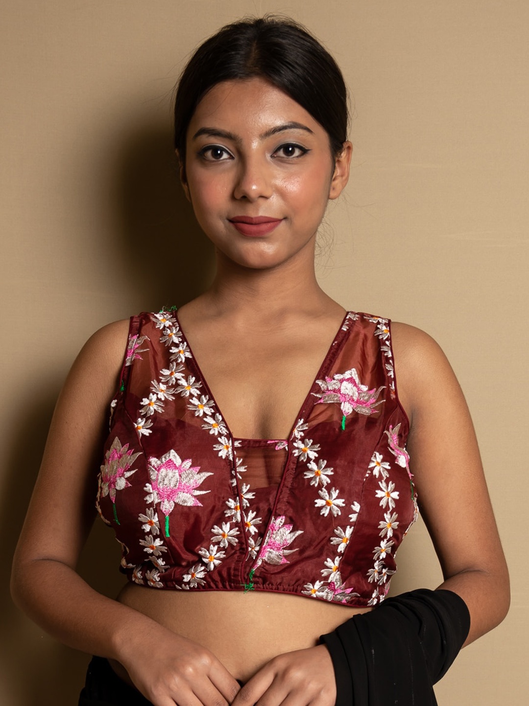 

SARIKA Embroidered Net Saree Blouse, Maroon