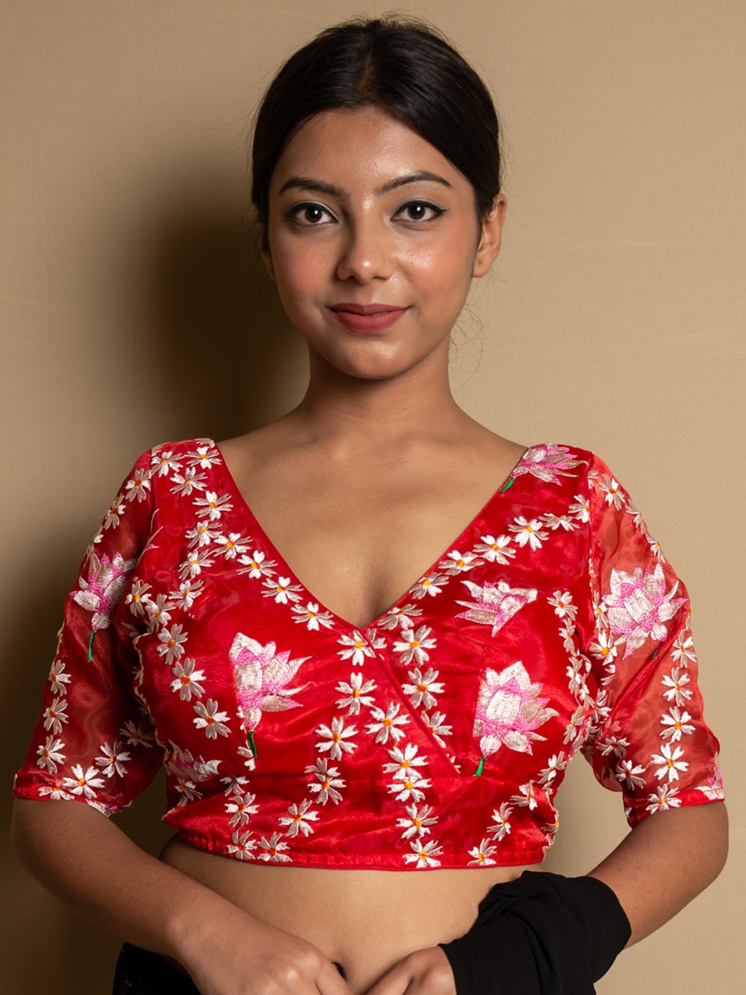 

SARIKA Floral Embroidered Net Saree Blouse, Red