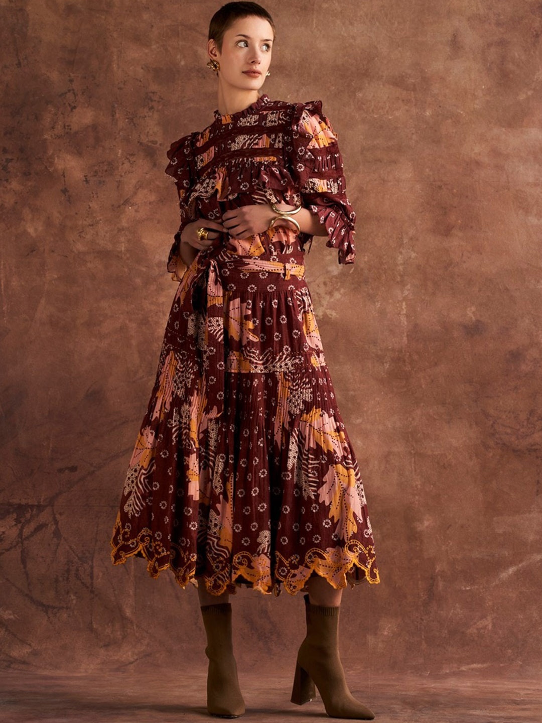 

VERB BY PALLAVI SINGHEE Floral Printed Flared Skirts, Brown