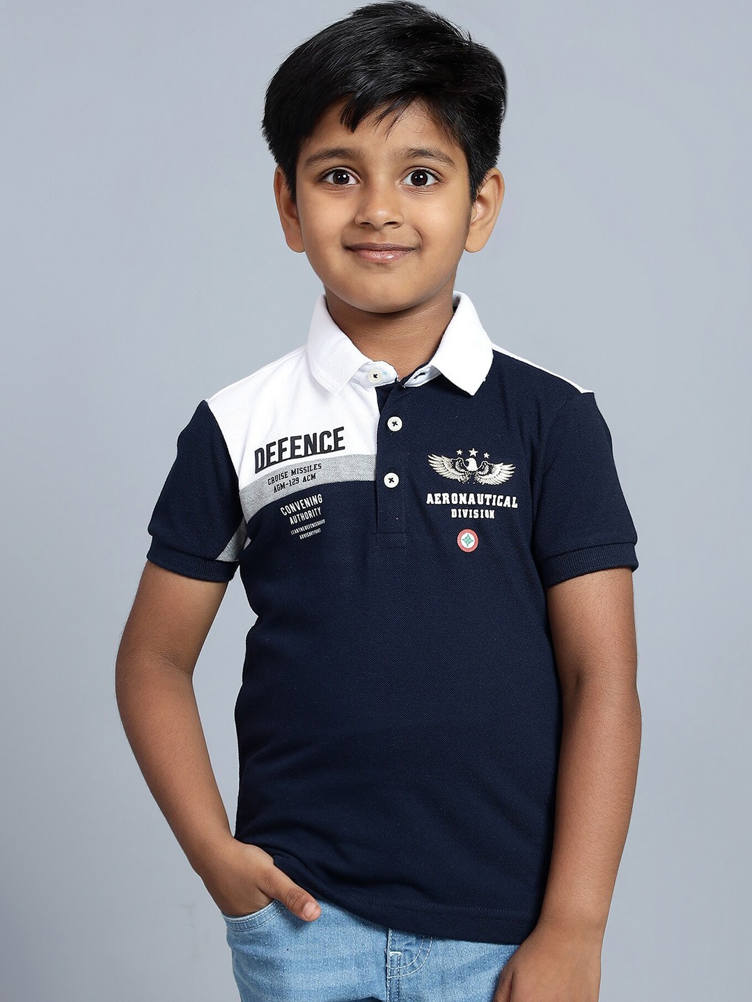 Cantabil Boys Typography Colourblocked Polo Collar Regular Sleeves T-shirt, Navy blue