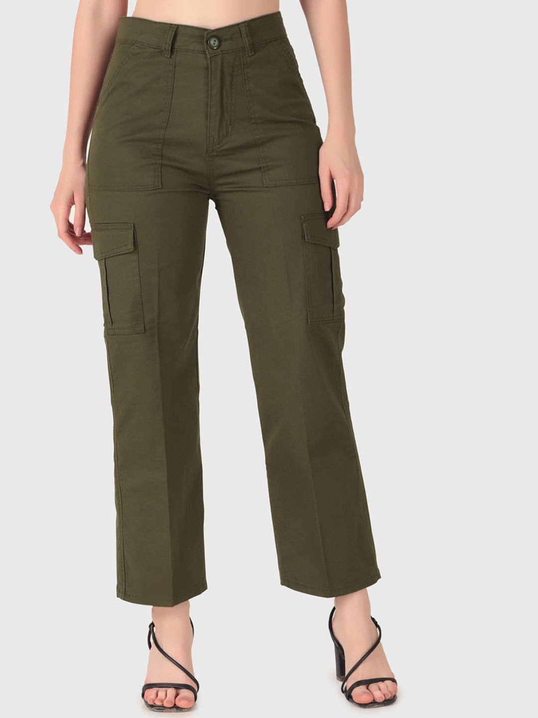 

FNOCKS Women Comfort Straight Fit High-Rise Easy Wash Cotton Cargos Trouser, Lime green