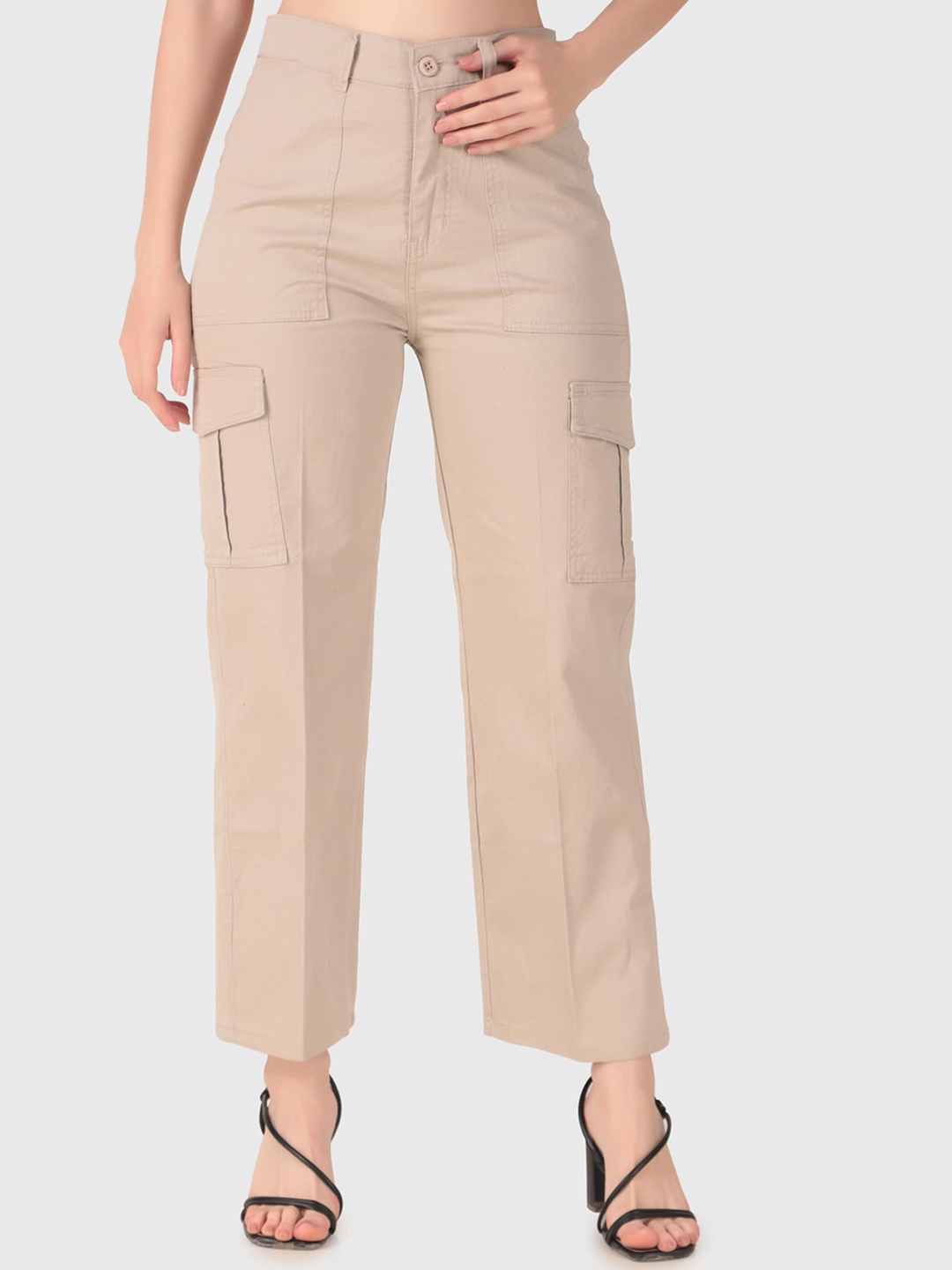 

FNOCKS Women Comfort Straight Fit Cotton High-Rise Easy Wash Cargos Trousers, Cream