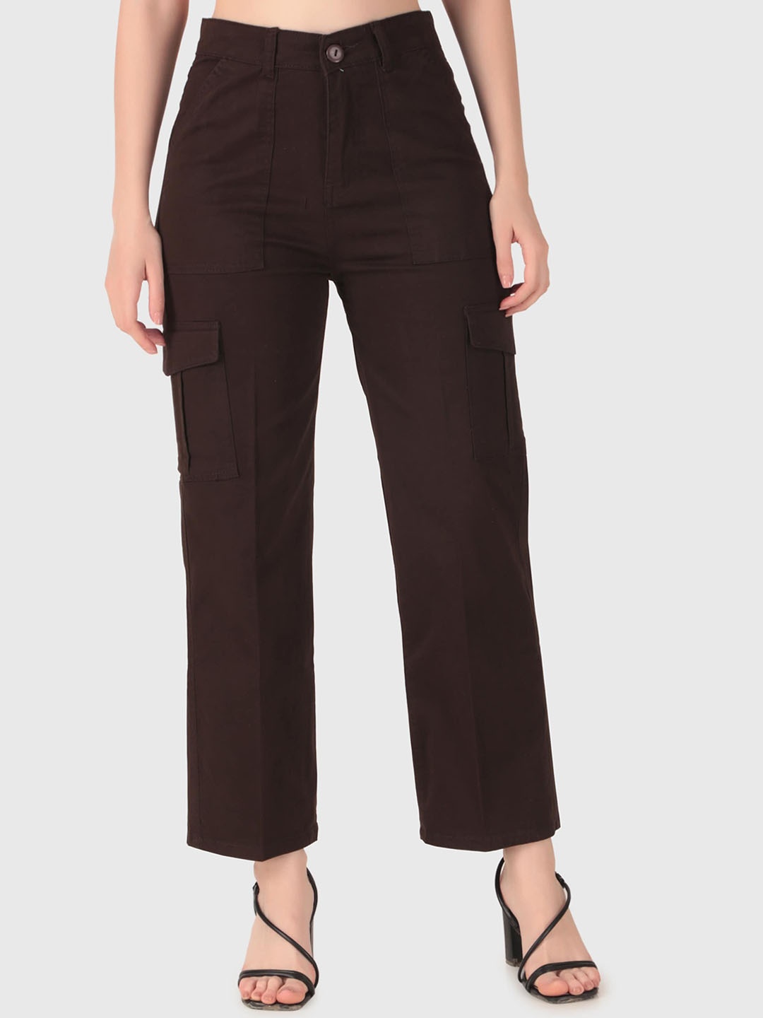 

FNOCKS Women Comfort Straight Fit High-Rise Easy Wash Cotton Cargos Trouser, Brown