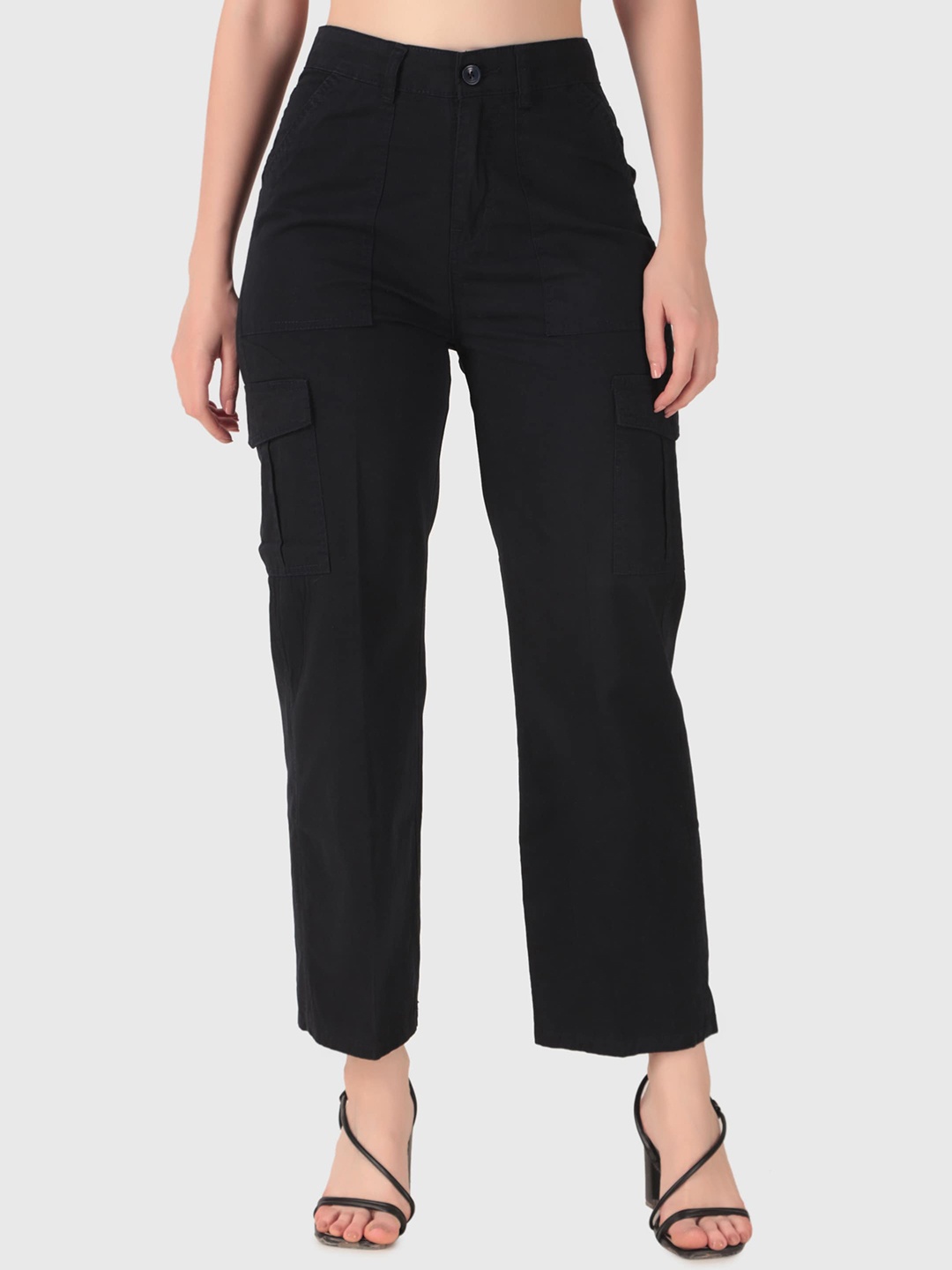 

FNOCKS Women Comfort Straight Fit High-Rise Easy Wash Cotton Cargos Trouser, Black