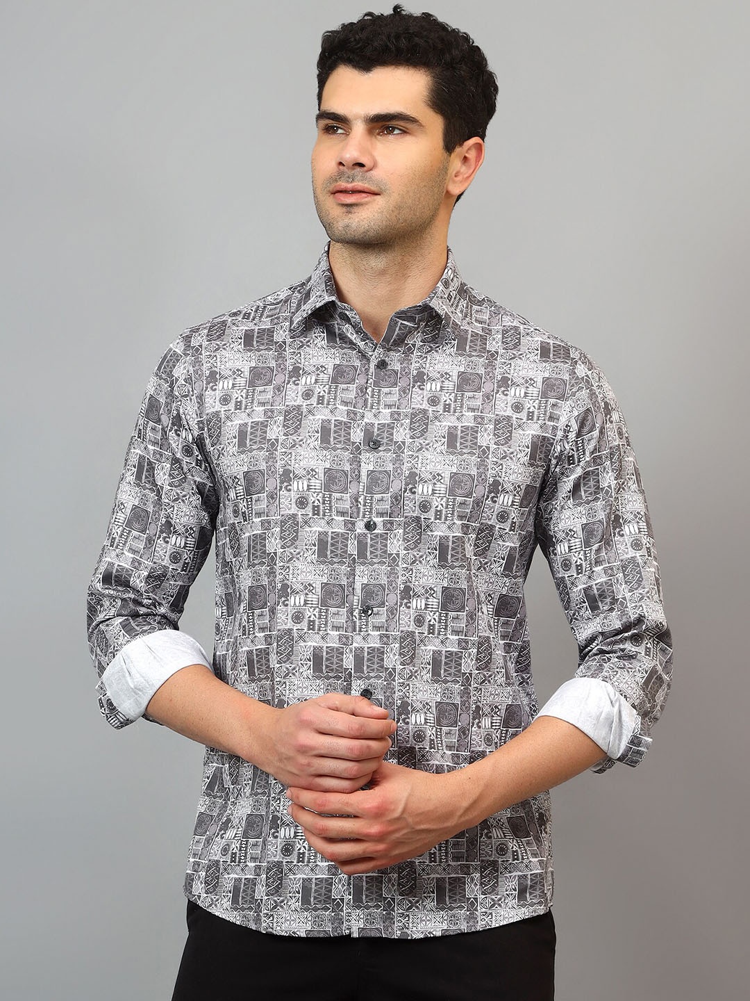 Cantabil Comfort Floral Printed Casual Shirt, Grey