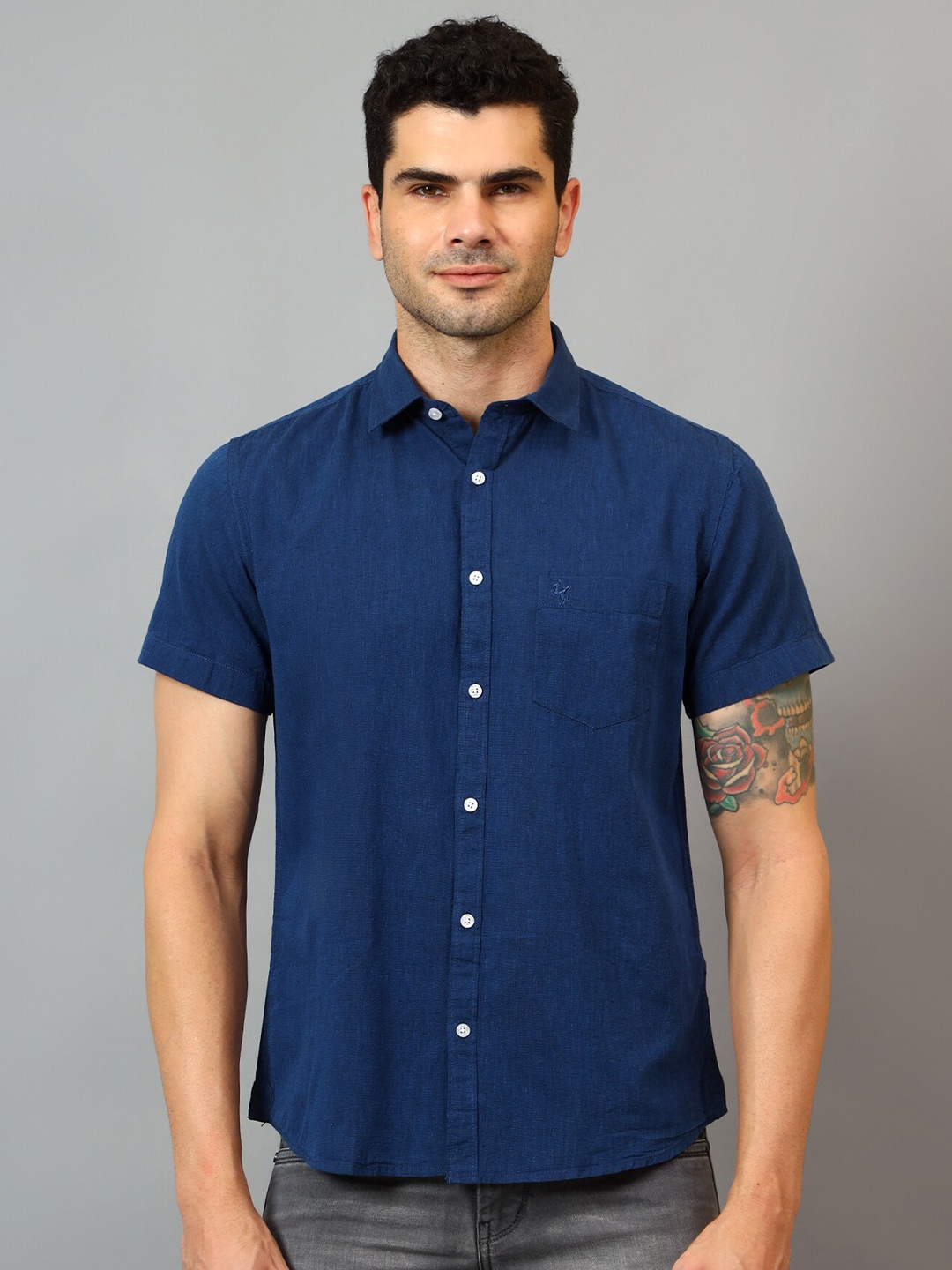 

Cantabil Comfort Cotton Linen Casual Shirt, Navy blue