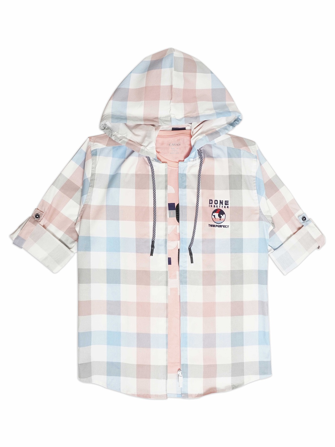 

Cavio Boys Gingham Checks Opaque Checked Casual Shirt & T-Shirt, Pink