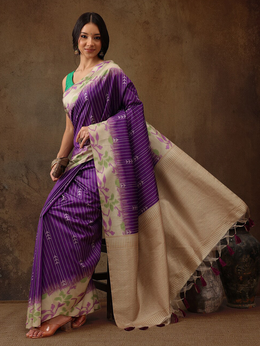 

Silk Land Striped Kanjeewaram Saree Silk Digital Print piece, Purple
