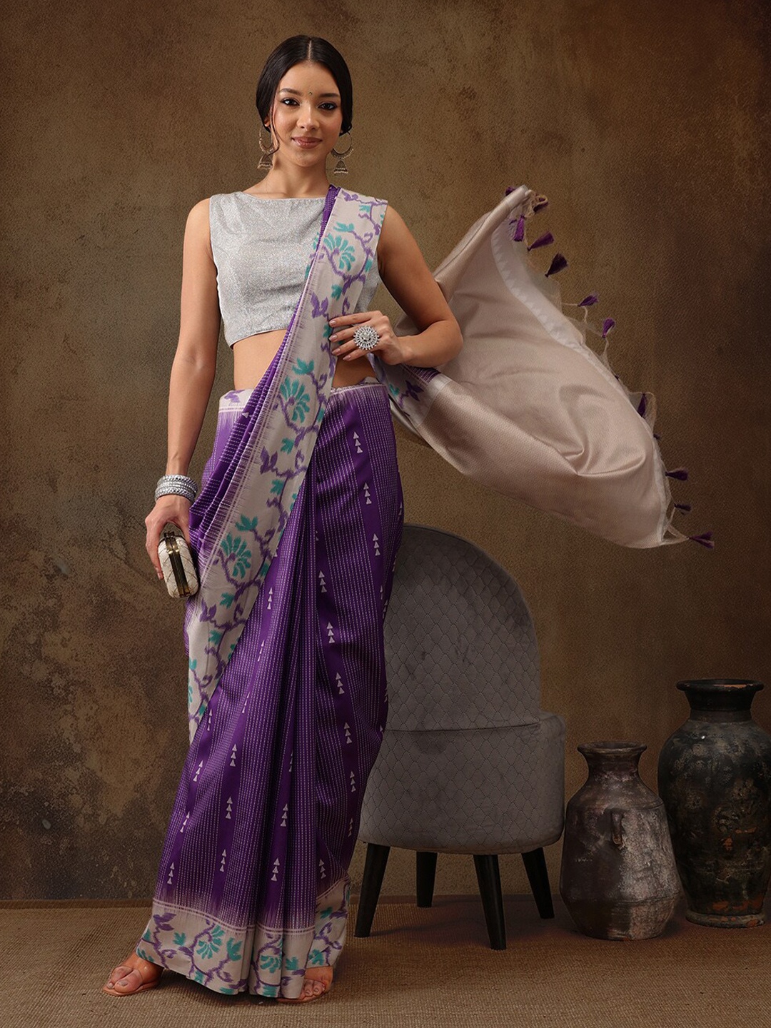 

Silk Land Striped Chanderi Cotton Digital Print Saree, Purple