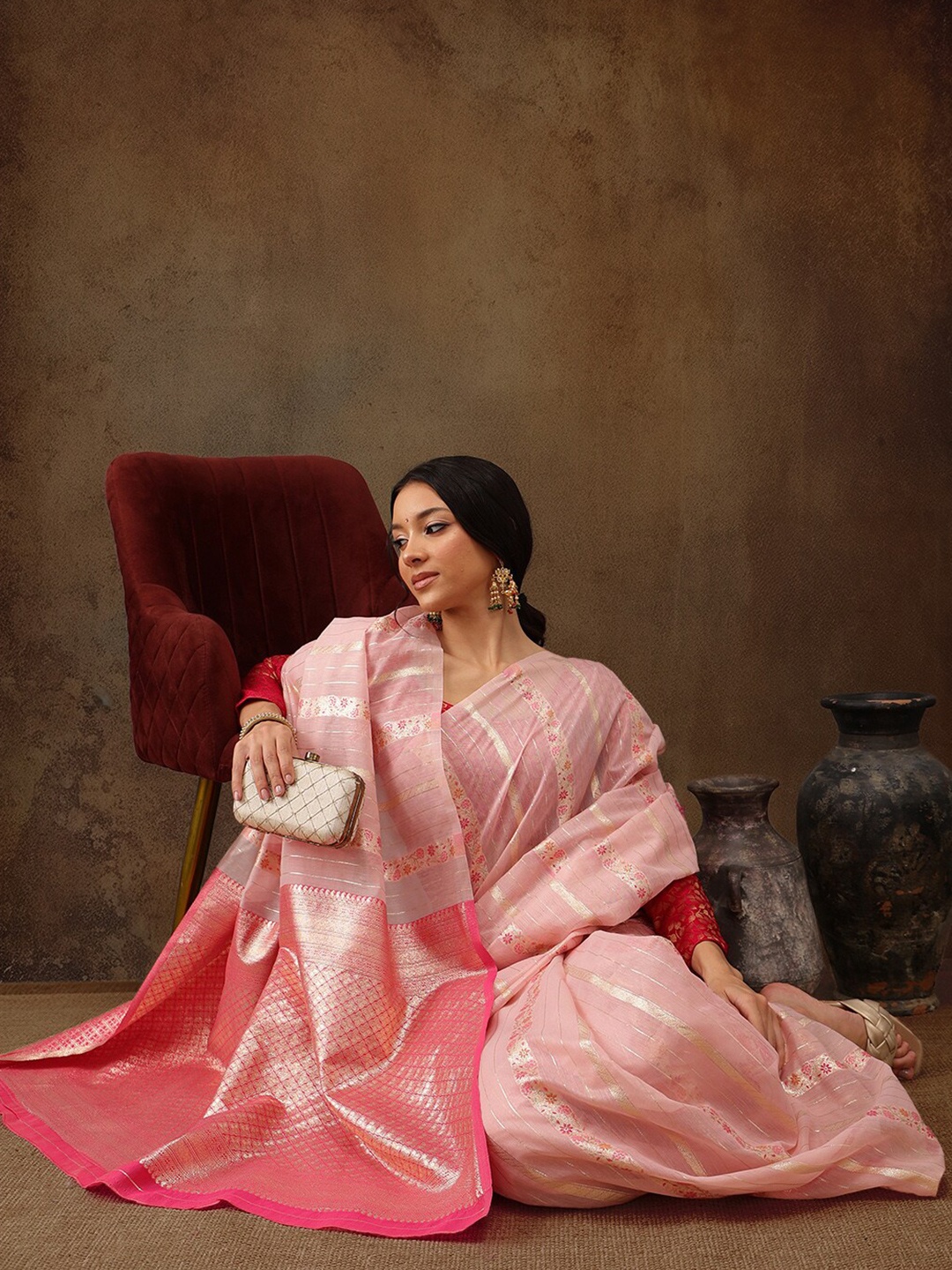 

Silk Land Woven Design Zari Banarasi Saree With Blouse Piece, Pink