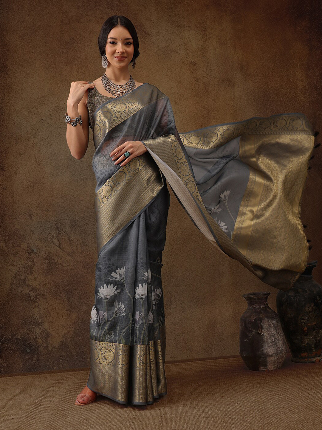 

Silk Land Floral Muga Silk Digital Print Saree, Grey
