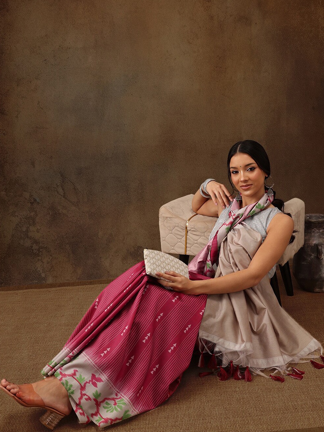

Silk Land Striped Chanderi Cotton Digital Print Saree, Maroon