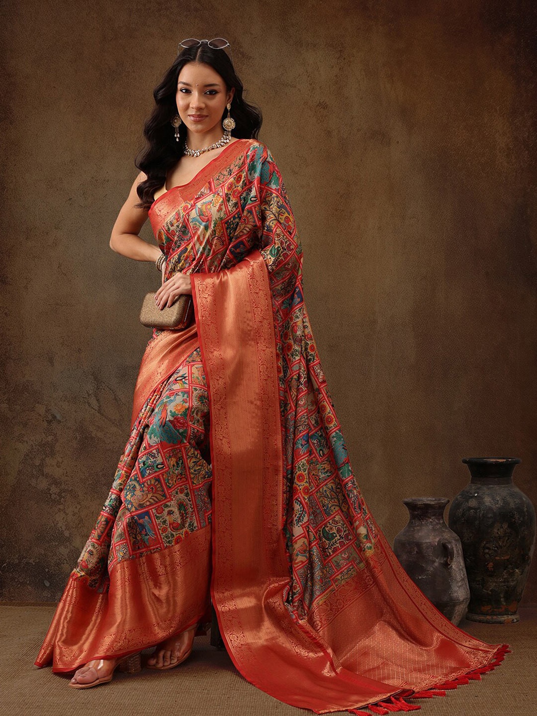 

Silk Land Kanjeewaram Art Silk Zari Woven Digital Print saree, Blue