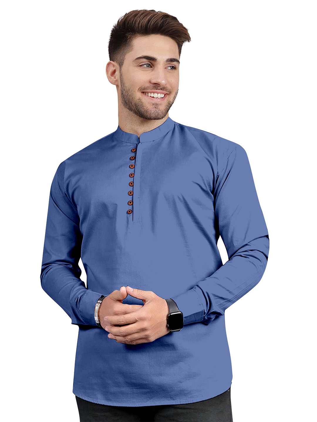 

KHUSHI CREATION Mandarin Collar Long Sleeves Original Slim Fit Cotton Casual Shirt, Blue