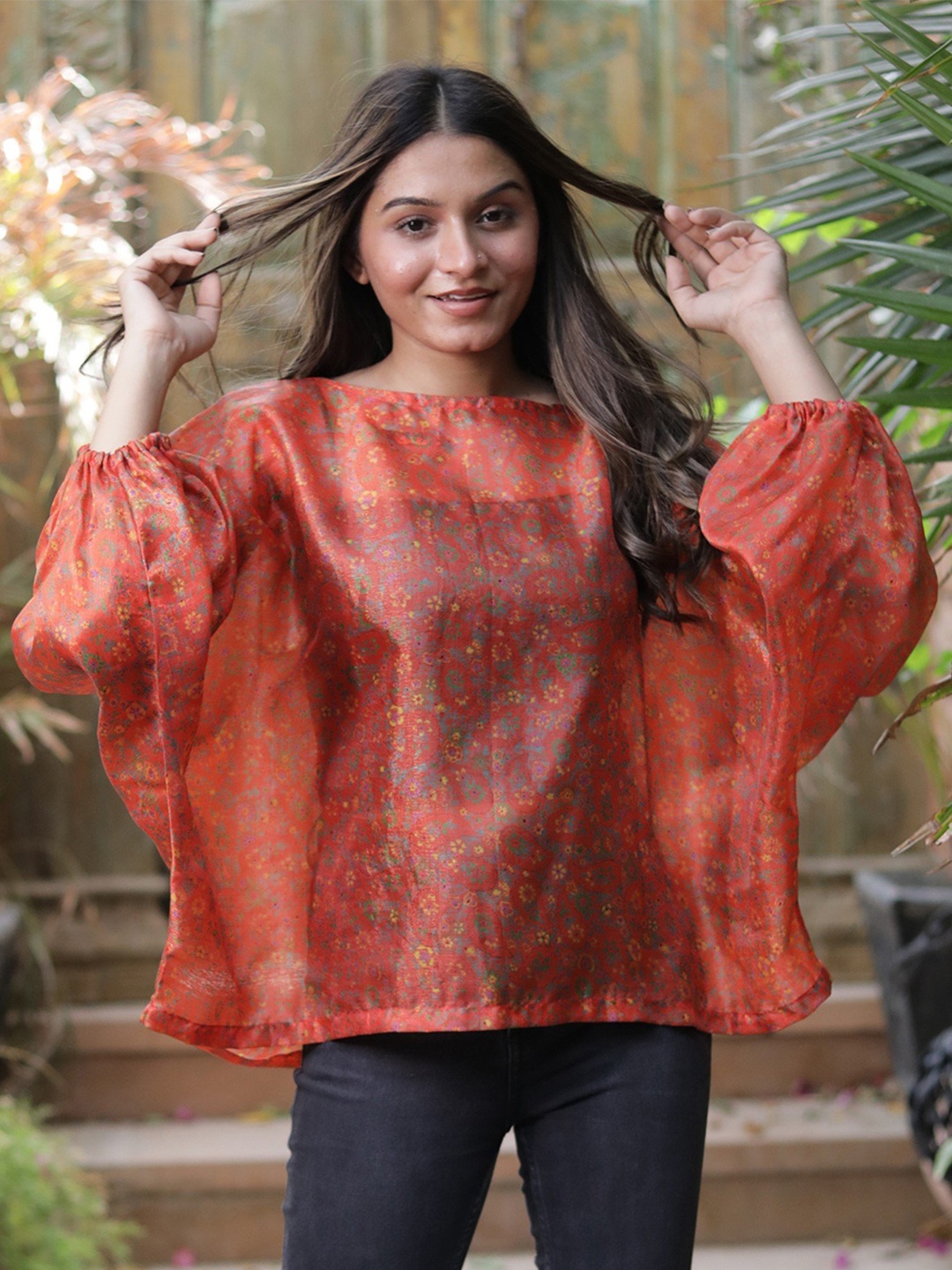 

Exotic India Orange Assorted Vintage Pure Silk Summer Top