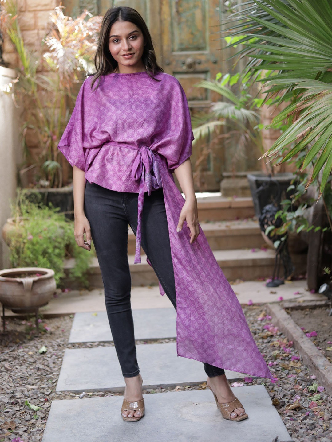 

Exotic India Purple Assorted Vintage Pure Silk Drape Top