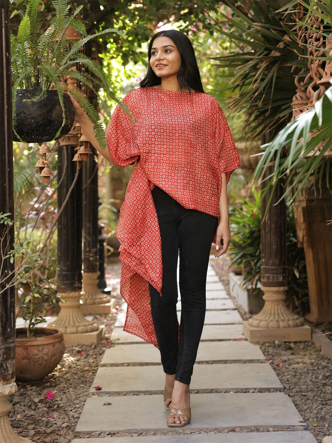 

Exotic India Floral Printed Ruffles Pure Silk Top, Red