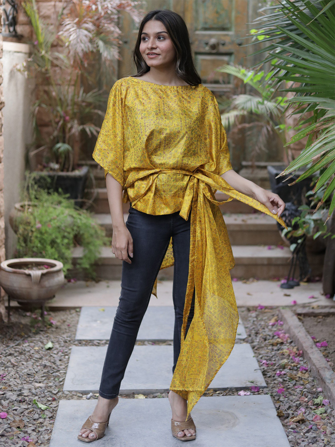 

Exotic India Floral Printed Boat Neck Pure Silk Vintage Drape Top, Mustard