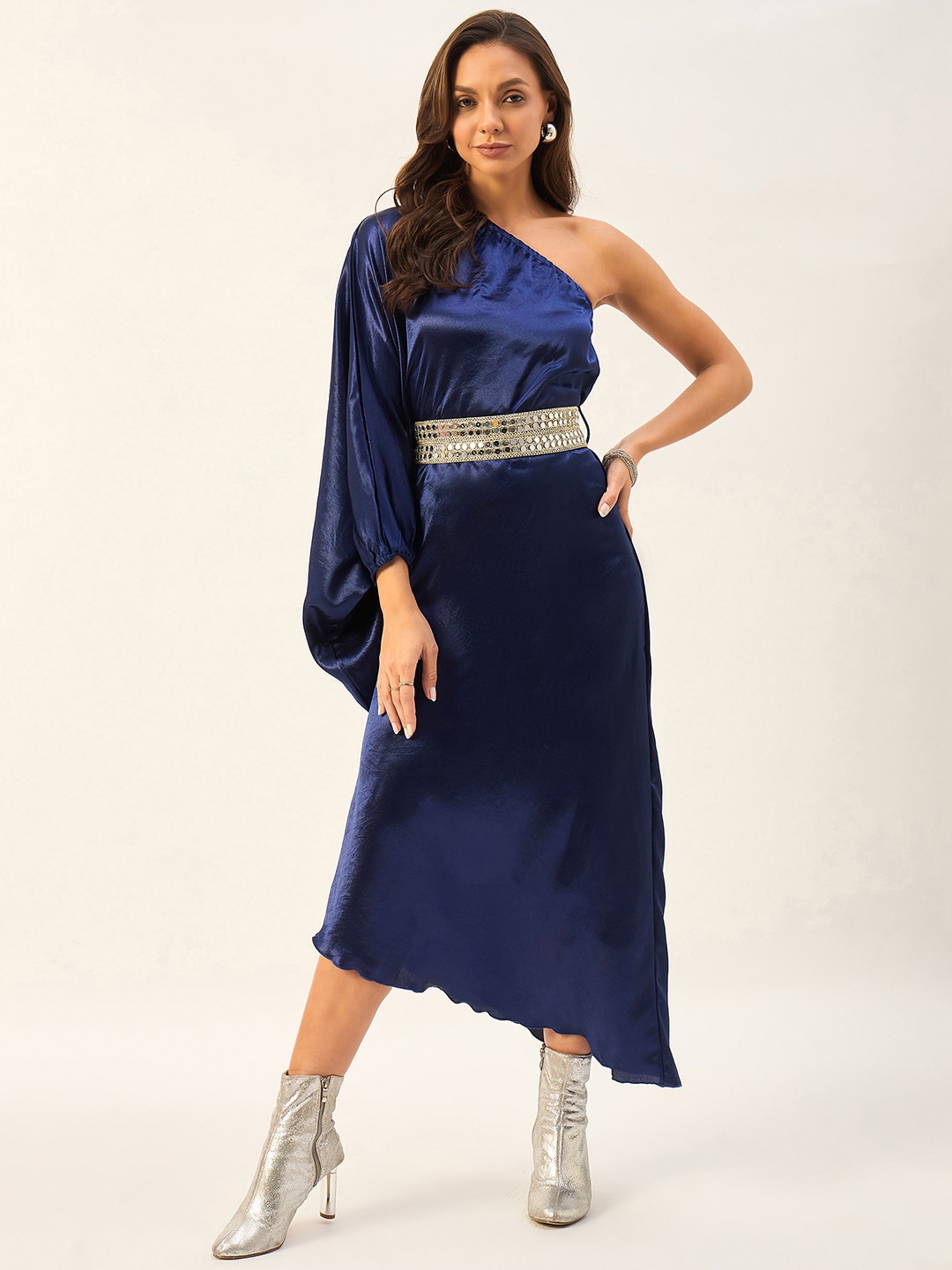 

DRAPE AND DAZZLE Kimono Sleeve One Shoulder Maxi Dress, Navy blue