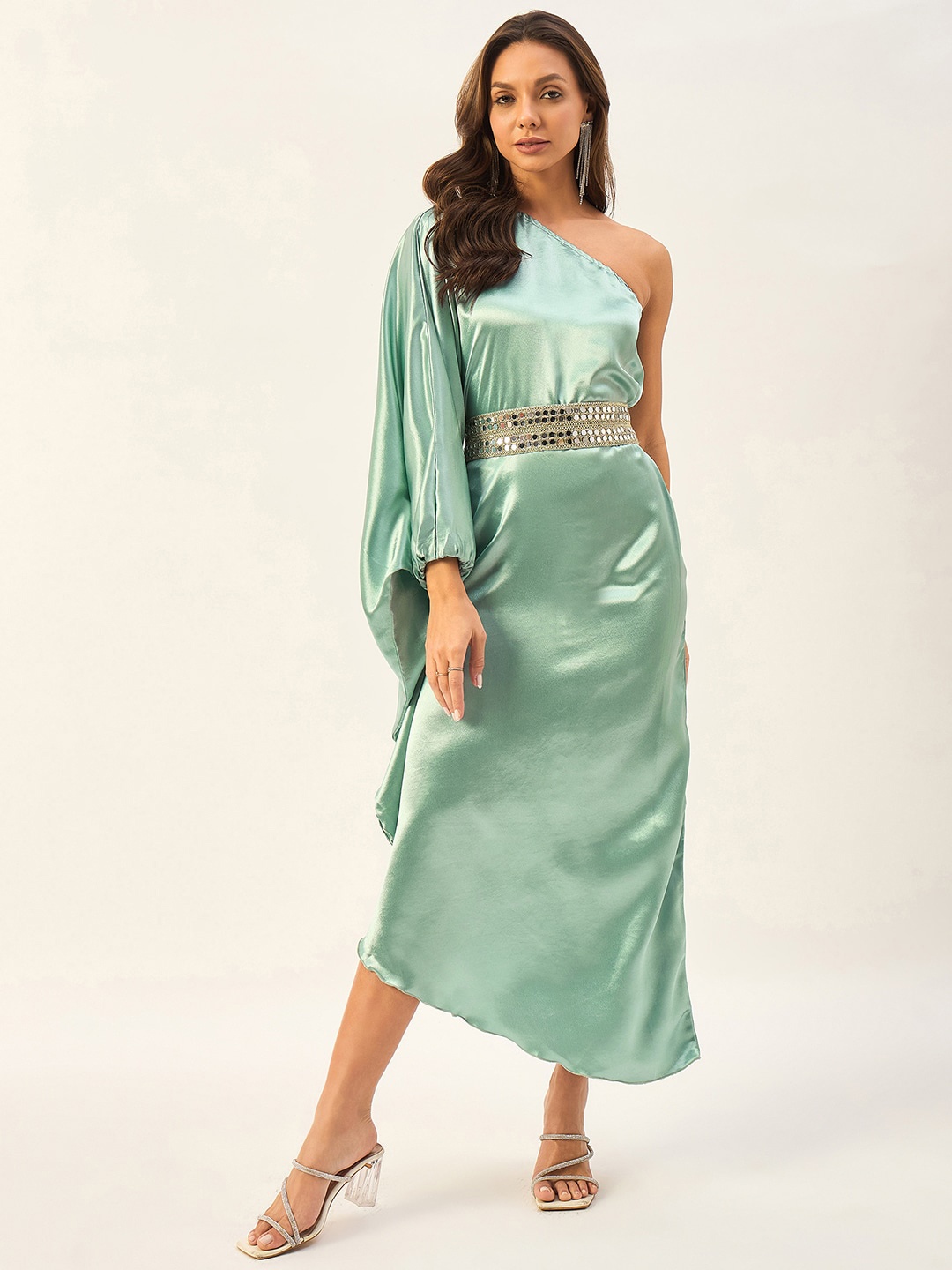 

DRAPE AND DAZZLE One Shoulder Straight A-Line Midi Dress, Sea green