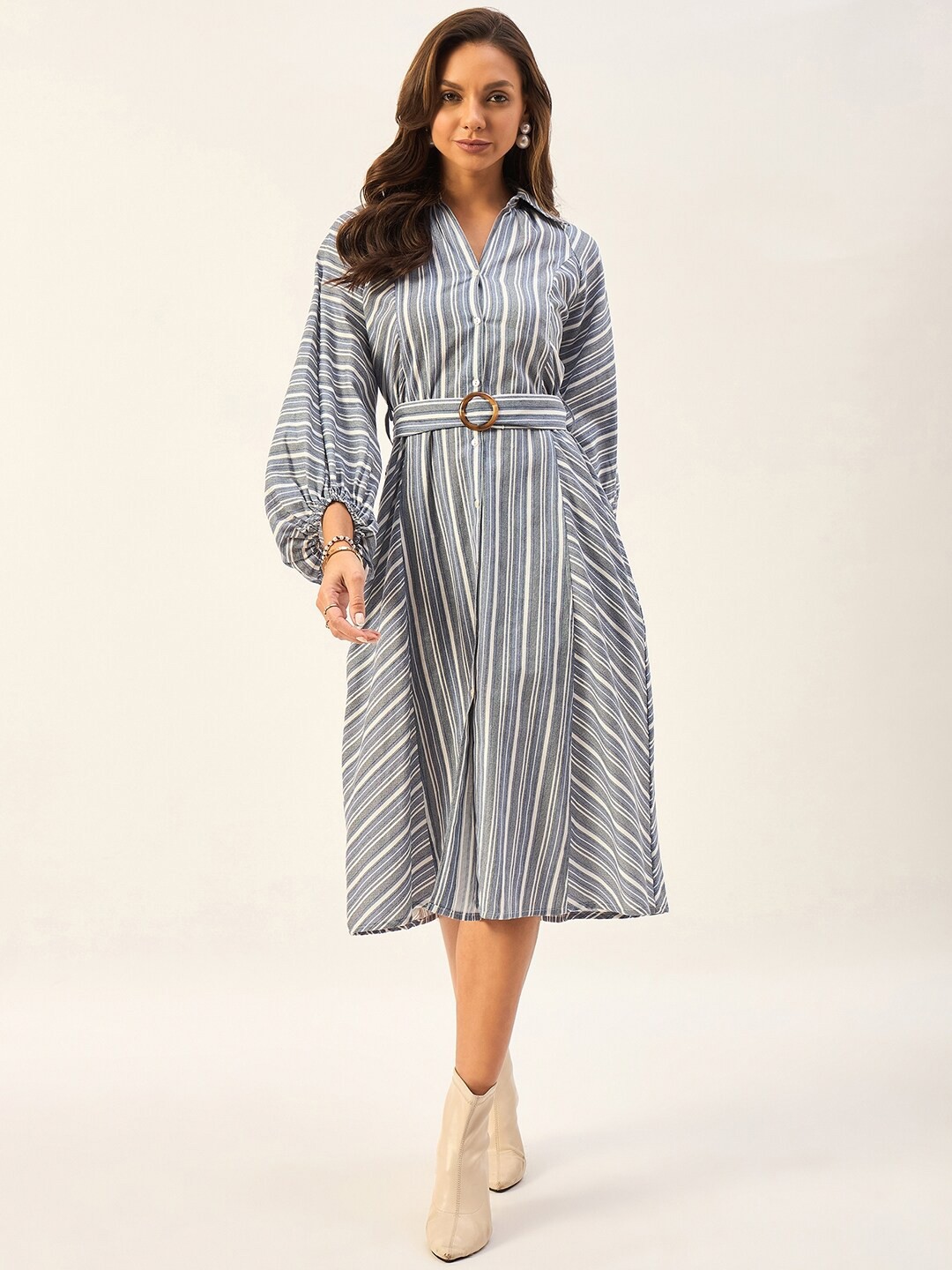 

DRAPE AND DAZZLE Striped Long Puff Sleeves Shirt Midi Dress, Blue