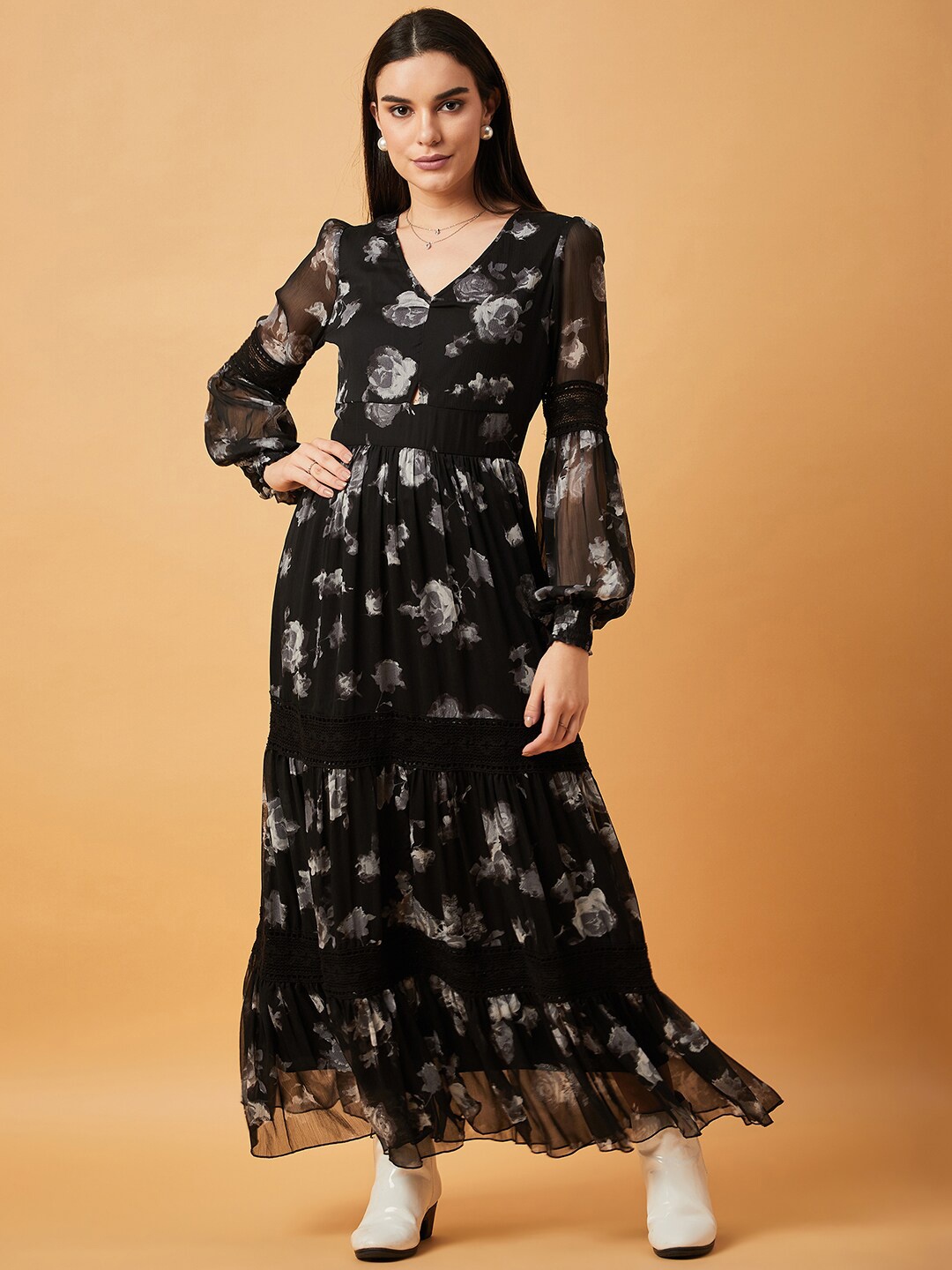

DRAPE AND DAZZLE Floral Printed V-Neck Flared Puff Sleeve Maxi Dress, Black