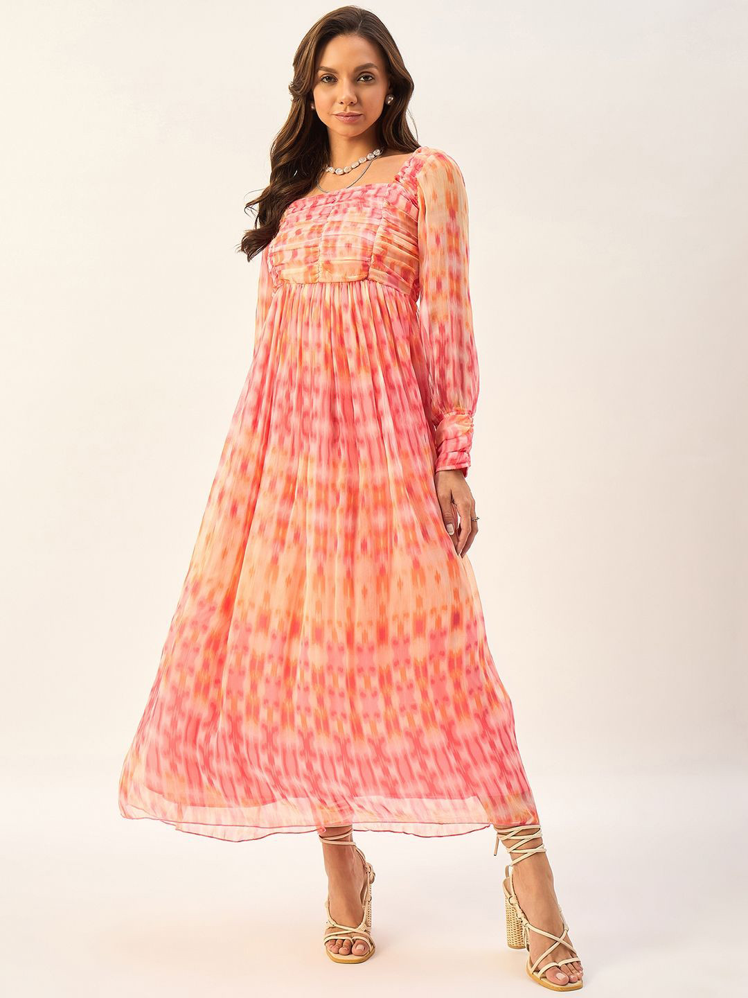 

DRAPE AND DAZZLE Ethnic Motifs Printed Cuffed Sleeves Flared Maxi Dress, Pink
