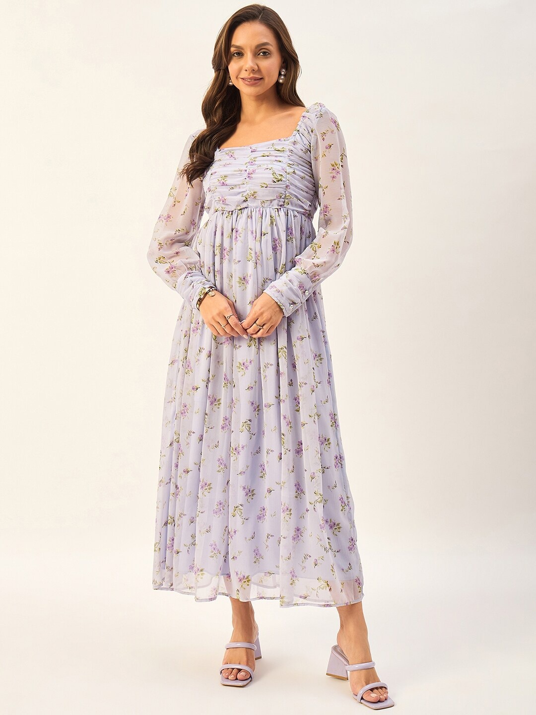 

DRAPE AND DAZZLE Floral Printed Cuffed Sleeves Flared Maxi Dress, Purple