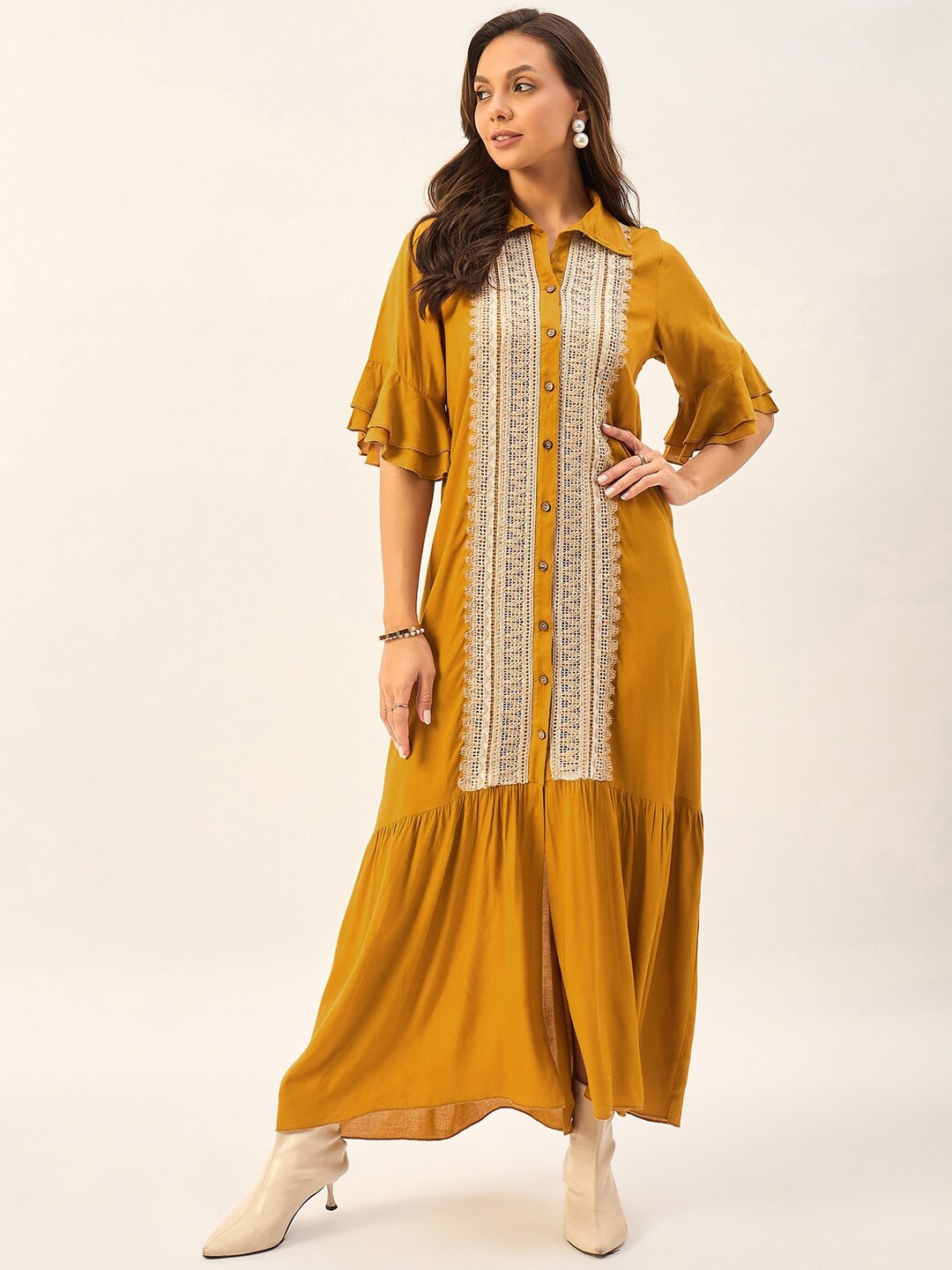 

DRAPE AND DAZZLE Geometric Printed Shirt Collar Flared Bell Sleeve Maxi Dress, Mustard