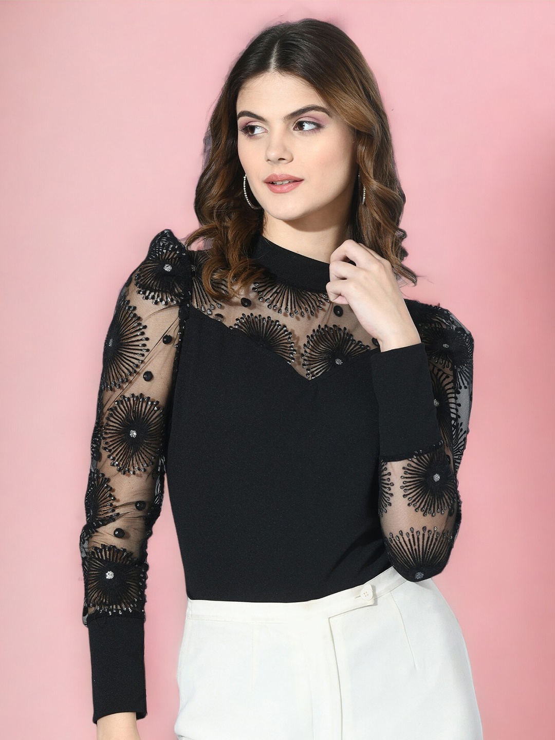 

Moshe Floral High Neck Long Sleeves Casual Top, Black
