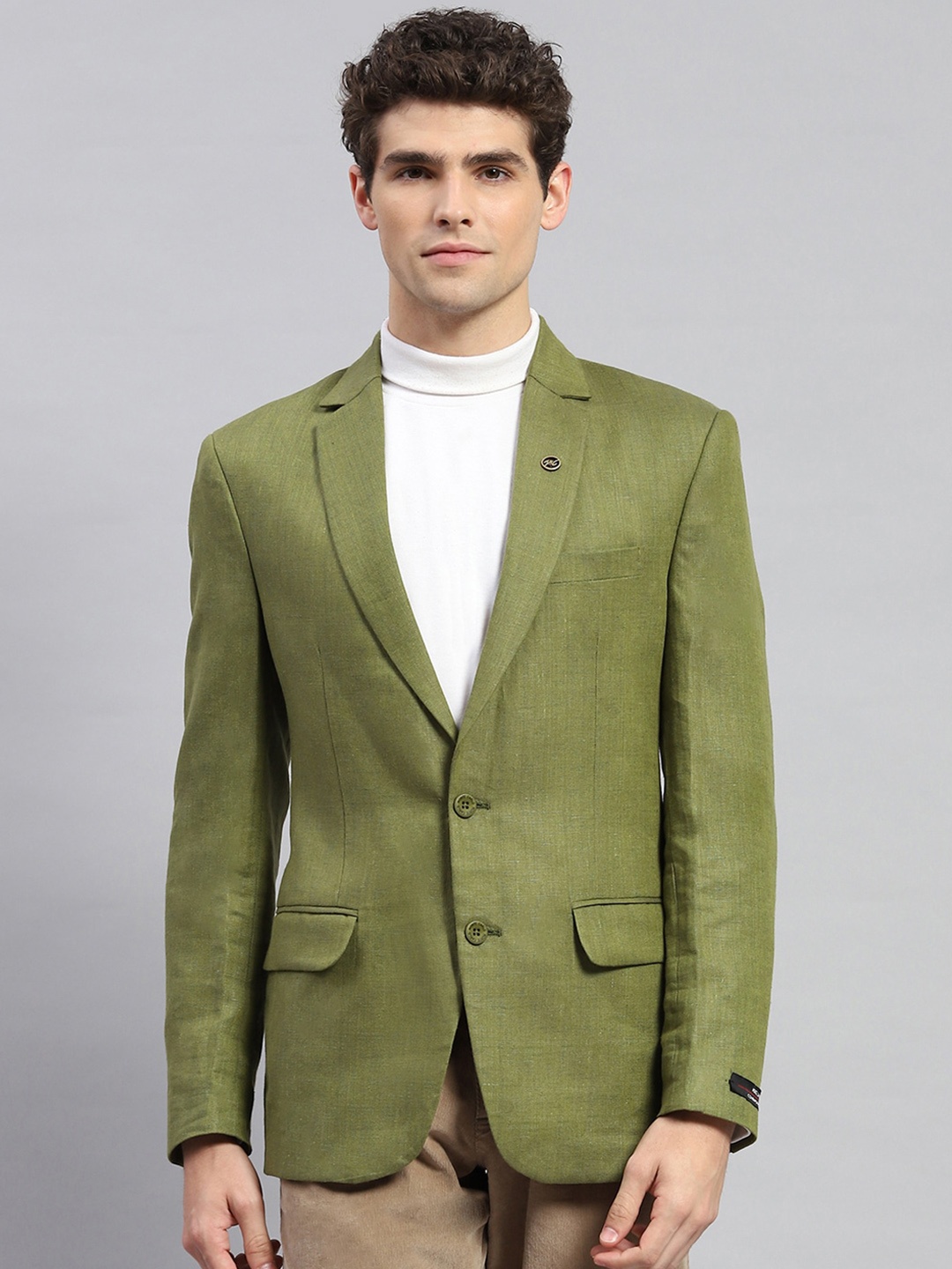 

Monte Carlo Single Breasted Notched Lapel Collar Linen Blazer, Olive