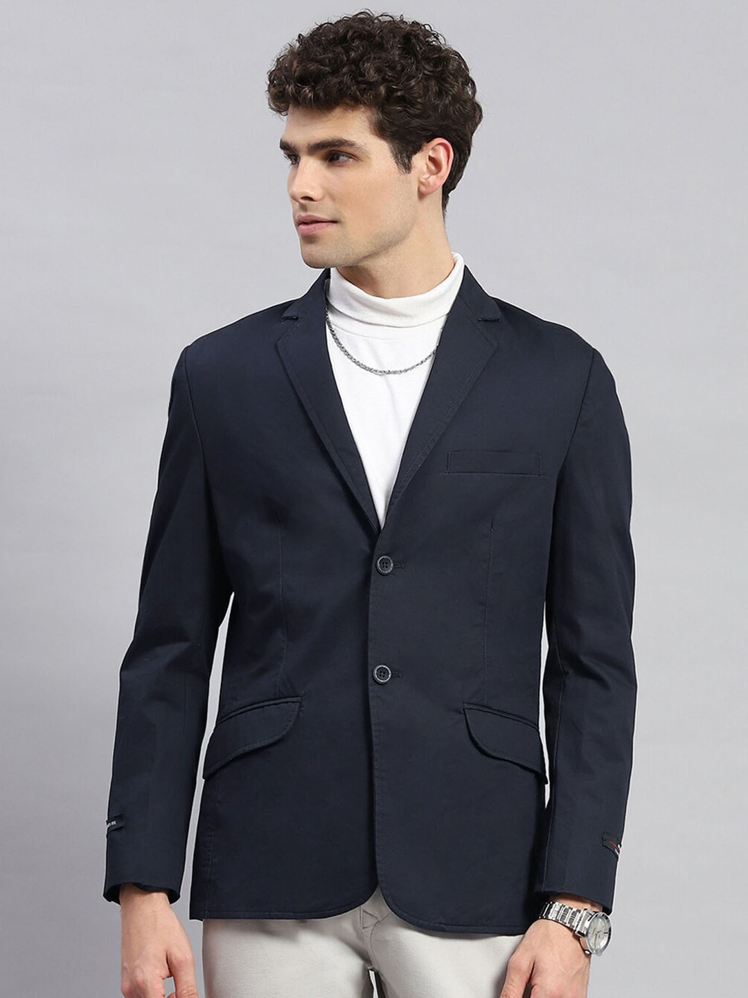 

Monte Carlo Single Breasted Notched Lapel Collar Cotton Blazers, Navy blue