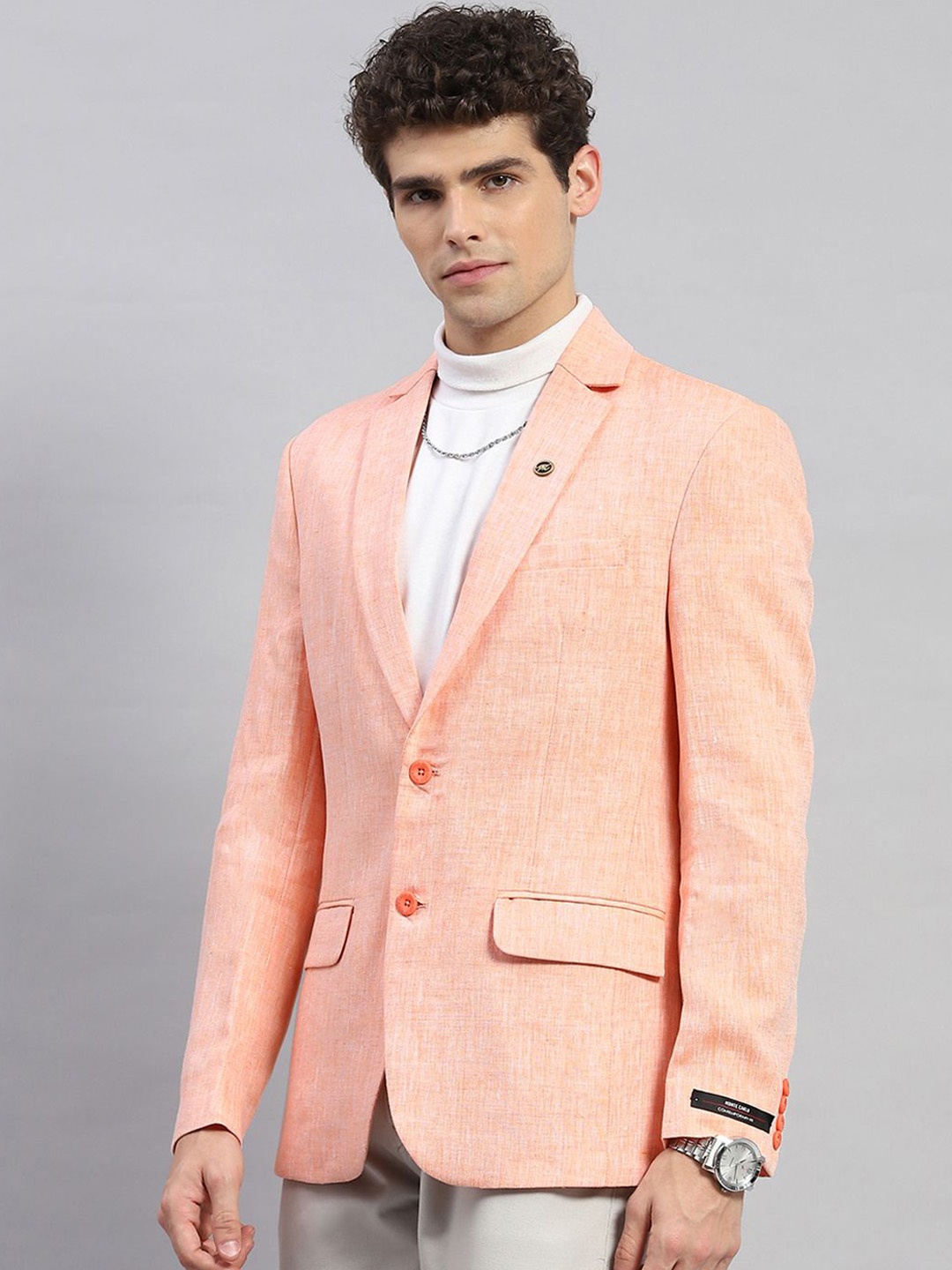 

Monte Carlo Notched Lapel Single Breasted Linen Blazers, Orange