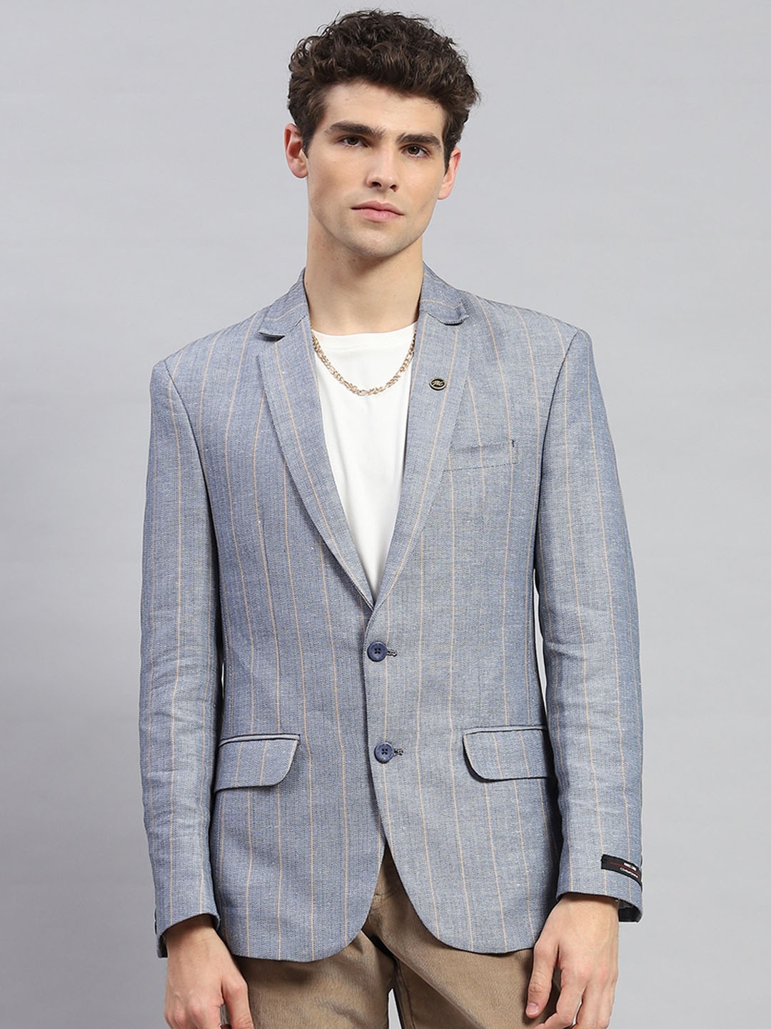 

Monte Carlo Striped Single Breasted Notched Lapel Blazers, Grey