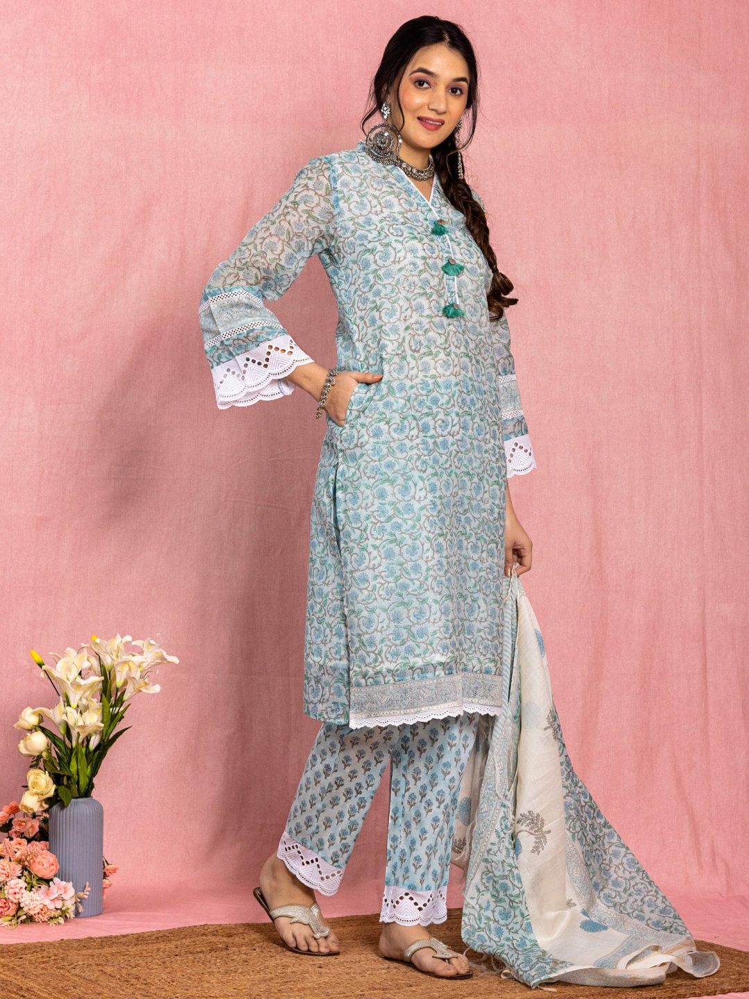 

KASYA Women Floral Printed Regular Chanderi Cotton Kurta with Trousers & With Dupatta, Blue