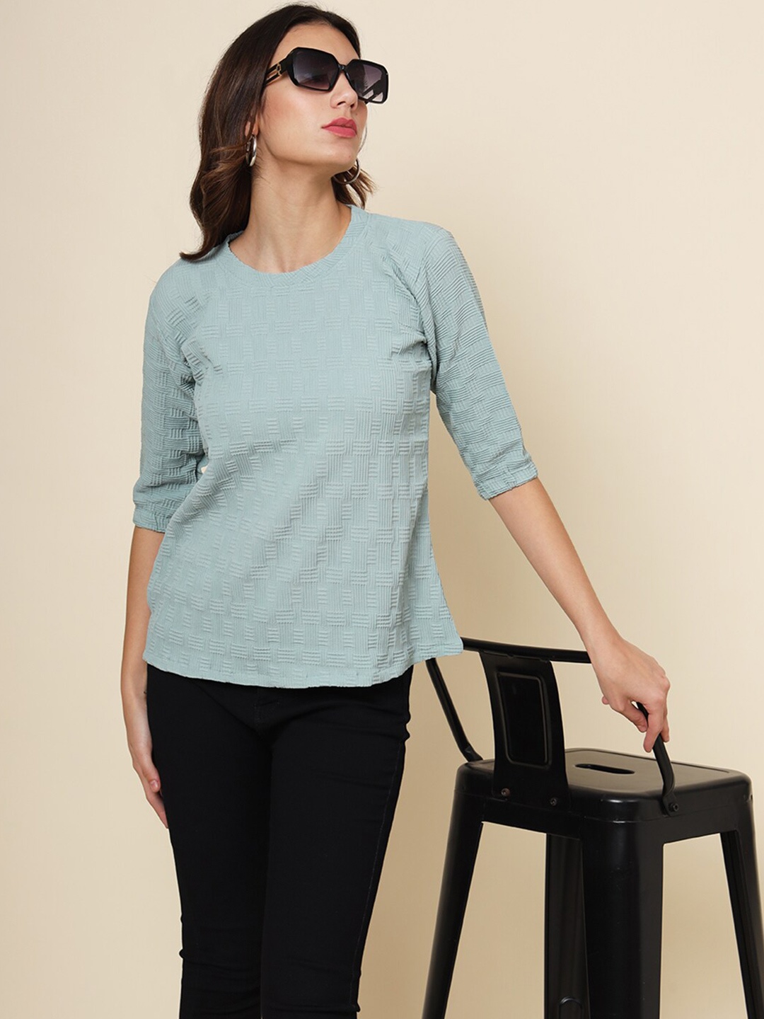 

VAIRAGEE Round Neck Self Design Cotton Top, Turquoise blue