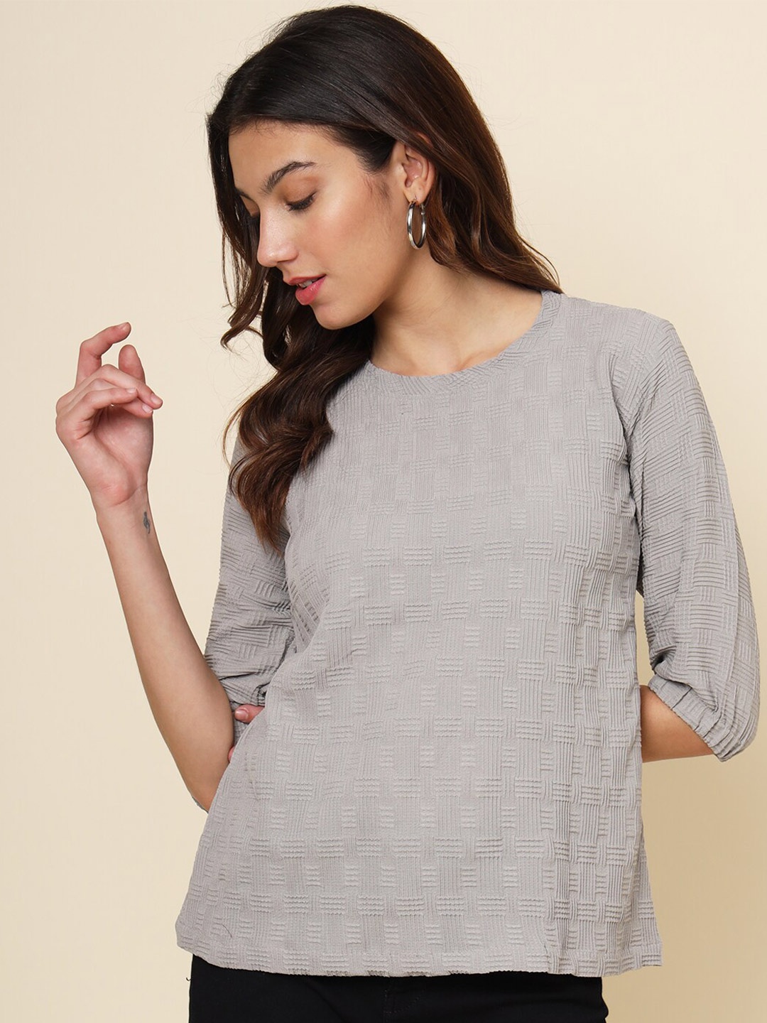 

VAIRAGEE Checked Round Neck Top, Grey