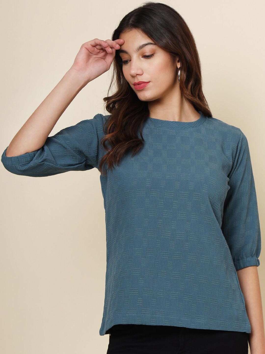 

VAIRAGEE Self Design Round Neck Casual Top, Teal