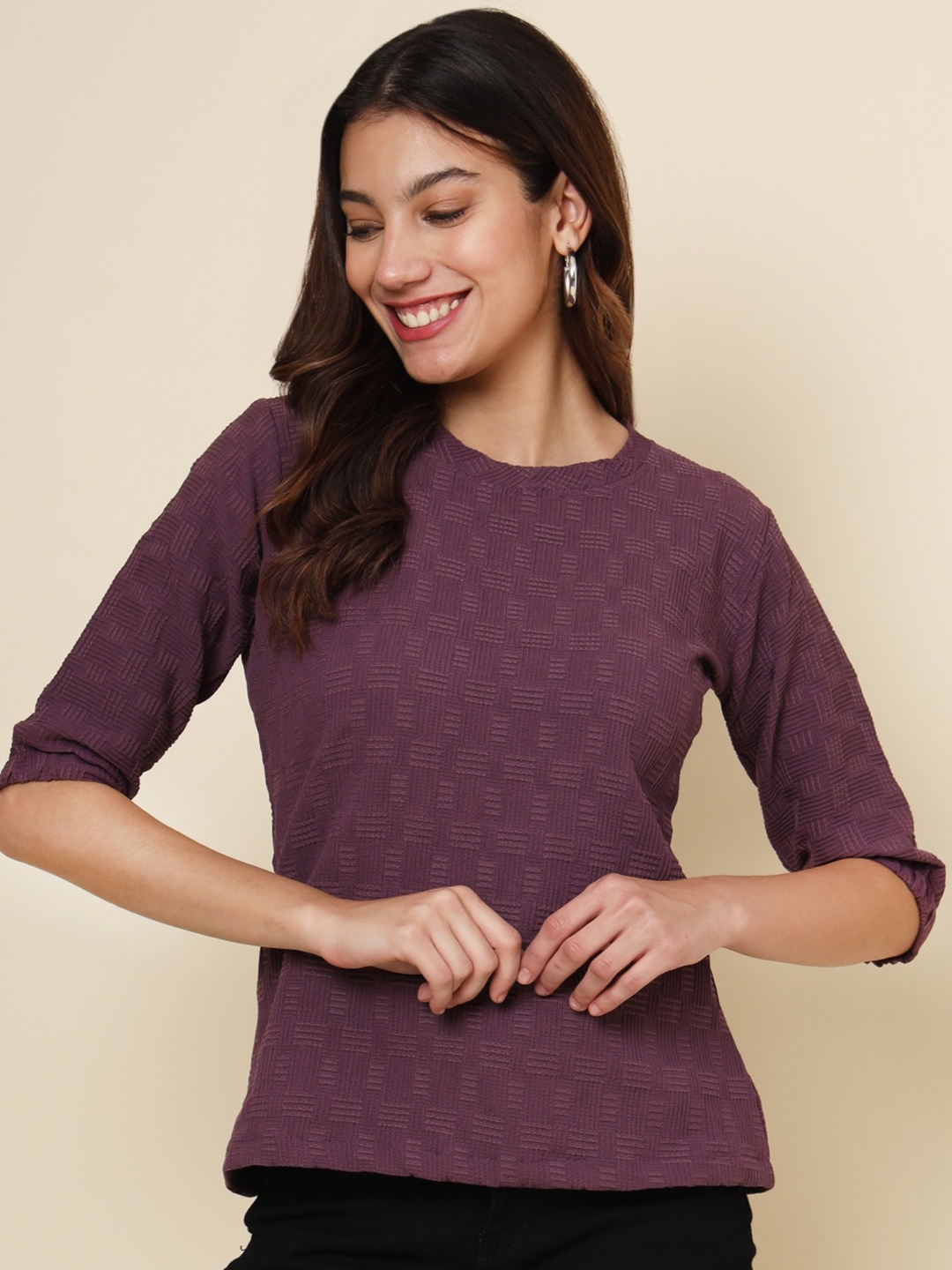 

VAIRAGEE Self Design Round Neck Casual Top, Purple
