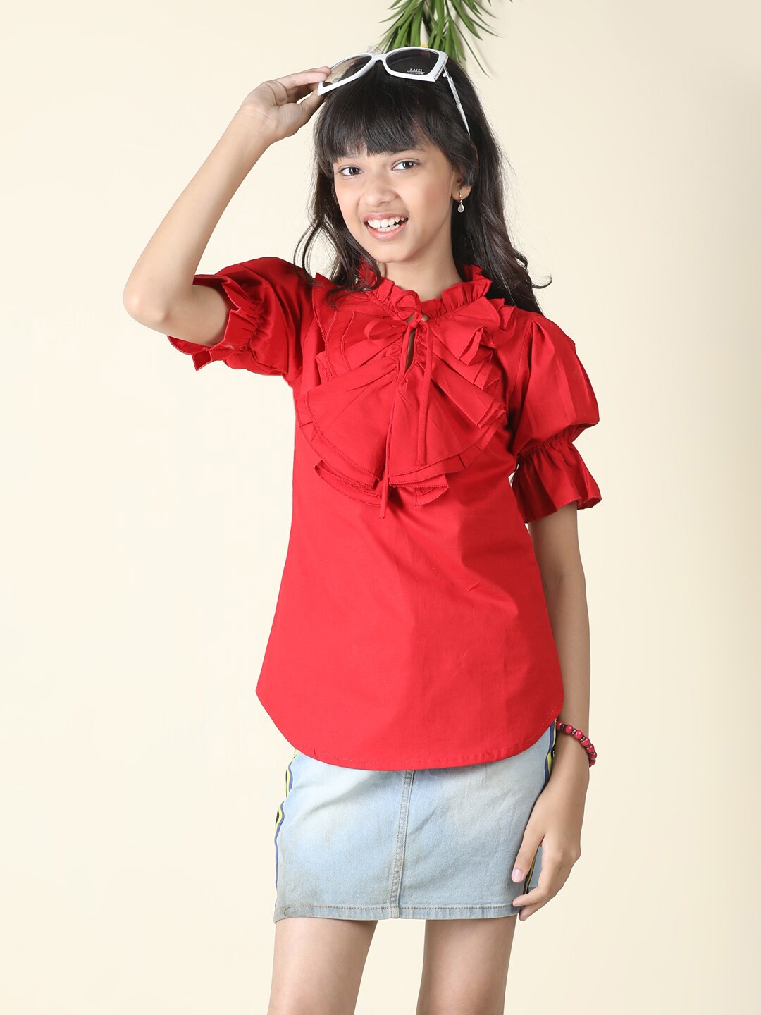 

Cutiekins Girls Tie-Up Neck Ruffles Cotton Top, Red