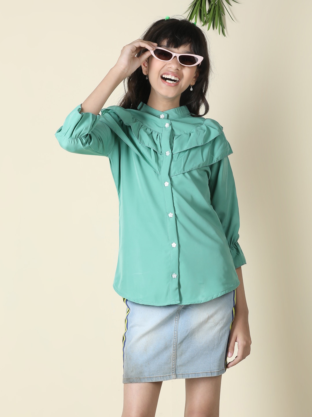 

Cutiekins Mandarin Collar Ruffles Shirt Style Top, Sea green