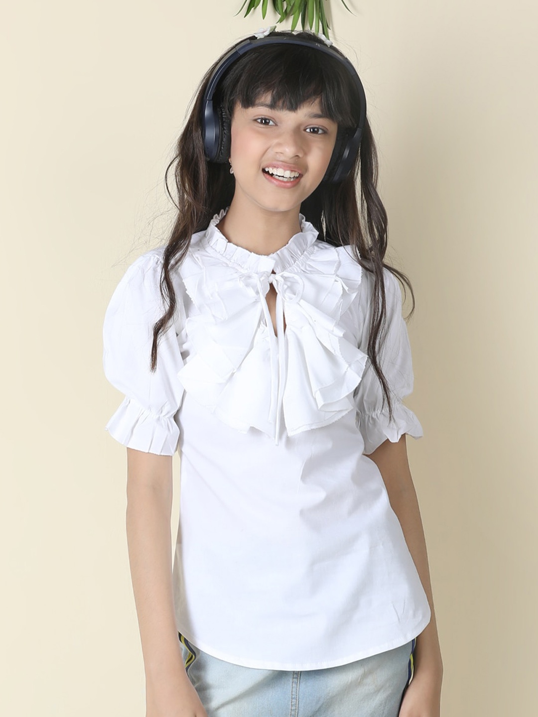 

Cutiekins Girls Tie-Up Neck Ruffles Cotton Top, White